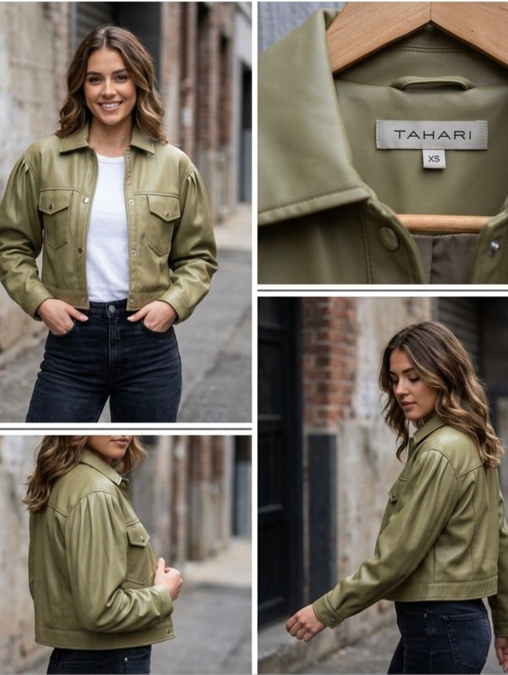 T Tahari Olive Sage Green Faux Leather Puff Sleeve Cropped Jacket - XS
